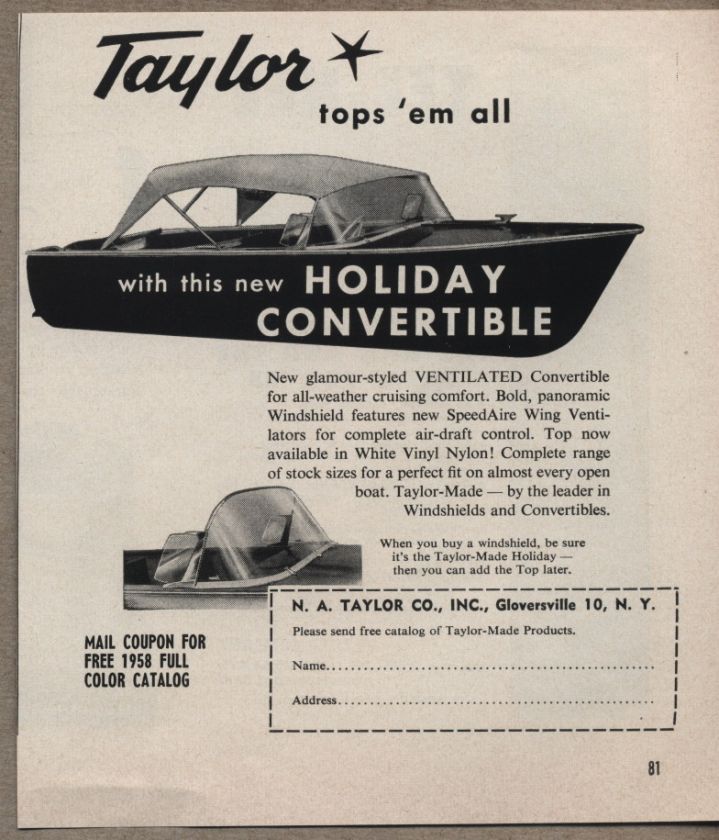 1958 Vintage Ad Taylor Holiday Convertible Boat Tops Gloversville,NY 