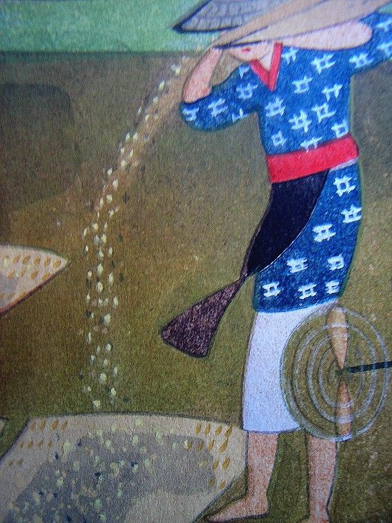 JAPANESE WOODBLOCK PRINT BAKUFU OHNO REAPING RICE 1951  