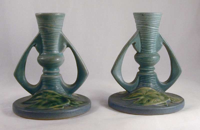   Pottery Pair of Blue Water Lily Candlestick Holders 1155 4 1/2  