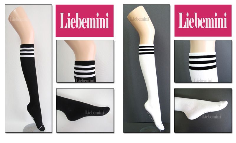 Cotton Blend Striped Knee High Socks   Preppy Look★Black / White 