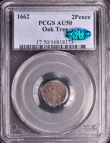 1662 OAK TREE 2PENCE PCGS AU 50  