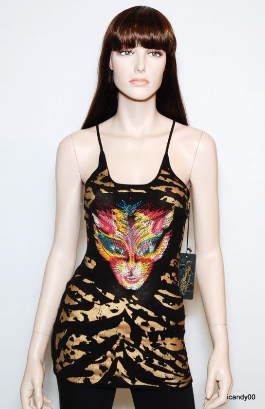 NWT ED HARDY *TIGER MASK COTTON CAMI TANK TOP *S BLACK  