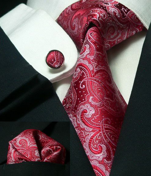 LANDISUN 17E RED PAISLEY TIE SETTIE+HANKY+CUFFLINKS  