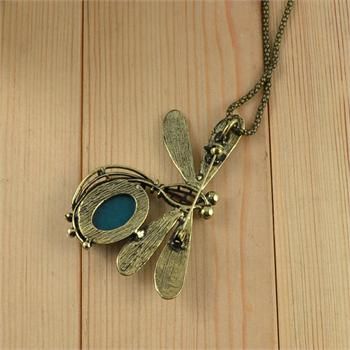 Antique Design Resin Bead Dragonfly Pendant Costume Cocktail Necklace 