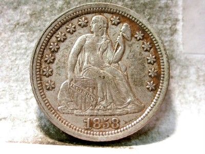 1858 AU SEATED LIBERTY DIME ID#Q213  