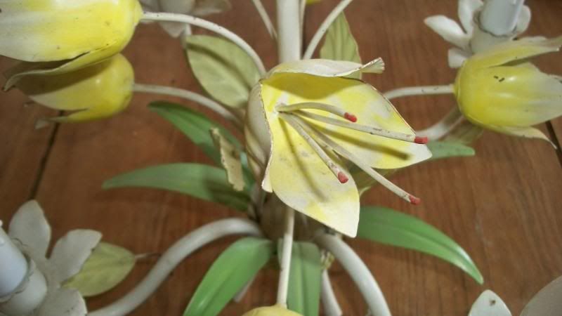   Vintage French 1960 Tole Chandelier Light Toleware Yellow Tulips