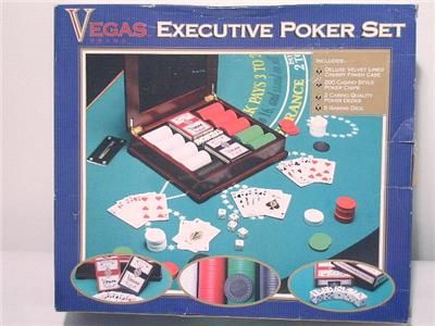 POKER SET 200 CHIPS CARDS DICE VELVET LINED CHERRY CASE  