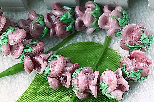 Pink Flower Lampwork Glass Beads HR7114 7  