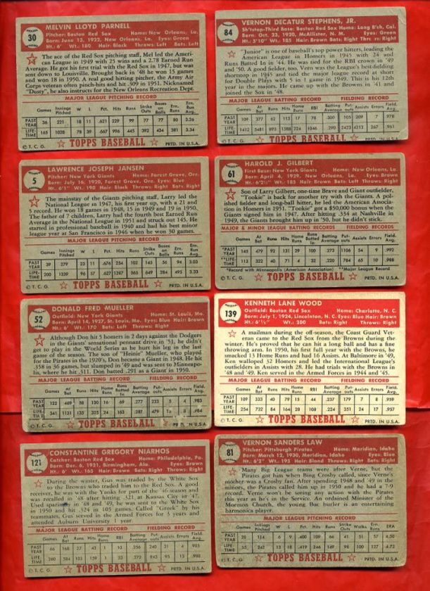 1952 Topps Baseball Lot 8 Different Cards, #s 5 139 g vg+  