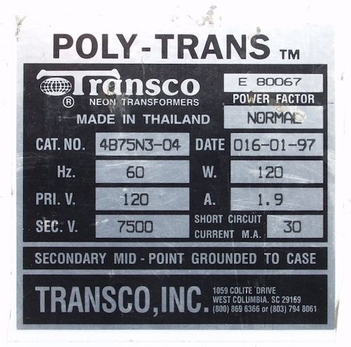 primary 120v 60hz 120w 1 9a secondary 7500v 30ma 1 phase secondary