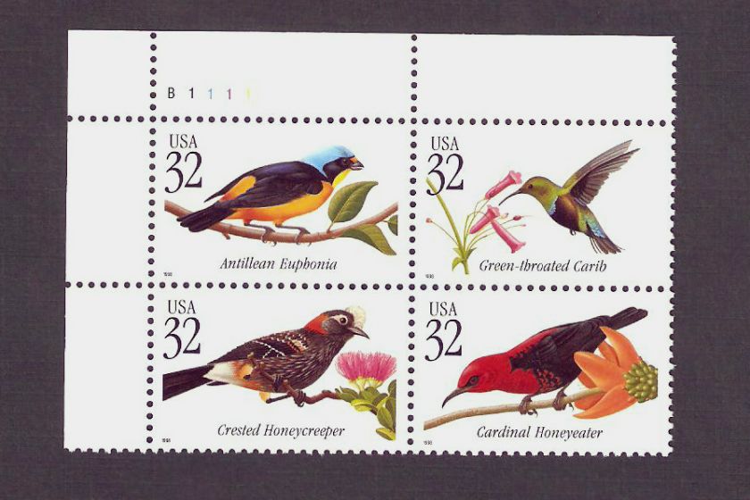 3222 25 TROPICAL BIRDS US PLATE BLOCK MINT/NH  