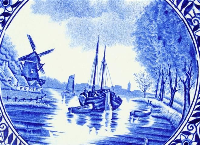 ANTIQUE TRANSFERWARE BLUE DELFT PLATE BOATS CANAL BOCH  