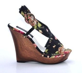 Fahrenheit Studded Flower Black Lady Wedge Rai 20  