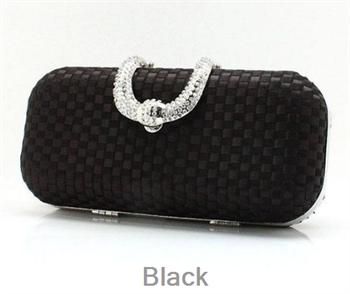 BLACK Satin Diamante Rhinestone Clip Evening Cocktail Hard Clutch 