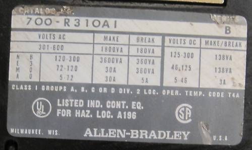 Allen Bradley 700 R Sealed Switch Relay 700 R310A1  