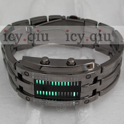   Digital Watch /Green LED Watch Metal Band Boys Mans Gift Black P8