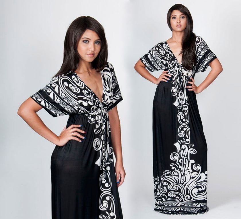 Black & White Kimono Sleeve Cocktail Maxi Dress Large L  