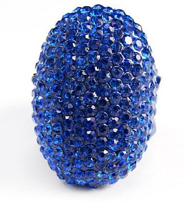 Oval Shape Pave Set Blue Rhinestone Stretch Ring, Ceramic Coating