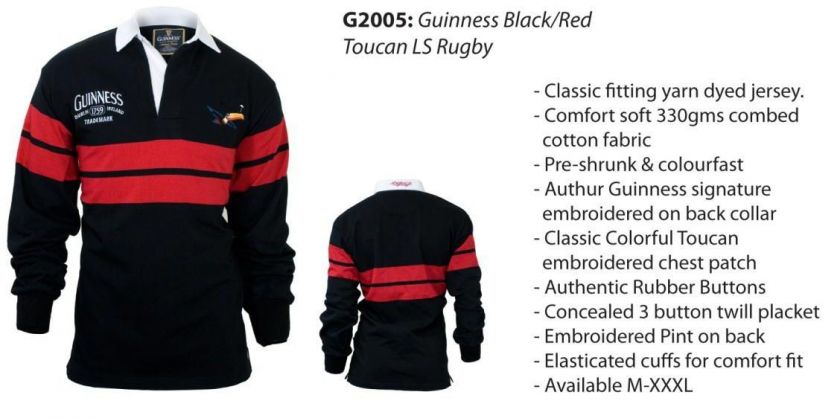 Official Guinness Black and Red Toucan Long Sleeve Rugby Shirt  