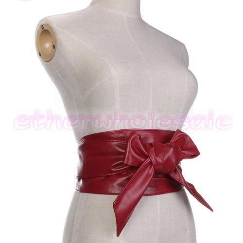 PU Leather Wrap Corset Obi Cinch Waist Belt Burgundy  