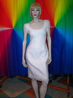 VERSACE CLASSIC STUNNING WHITE FRINGED SHEATH DRESS 44  