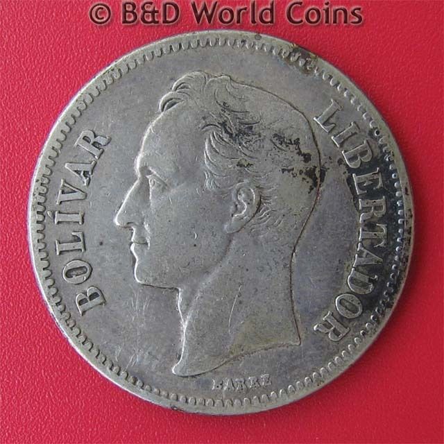 VENEZUELA 1936 GRAM 10 (2 BOLIVARES) .27oz SILVER Y#23  