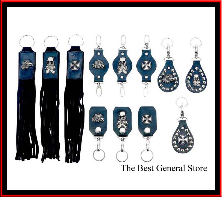 Leather Keychain Set Skull Cross Biker Goth Punk 12pc  