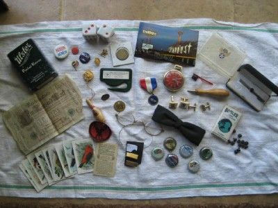 Vtg Men Junk Drawer Lot Ulster Box,Political,Old Coin,10KGF pin 