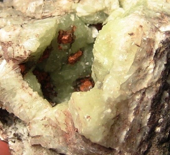 Unusual copper on prehnite   Iroquois Mine   Michigan  