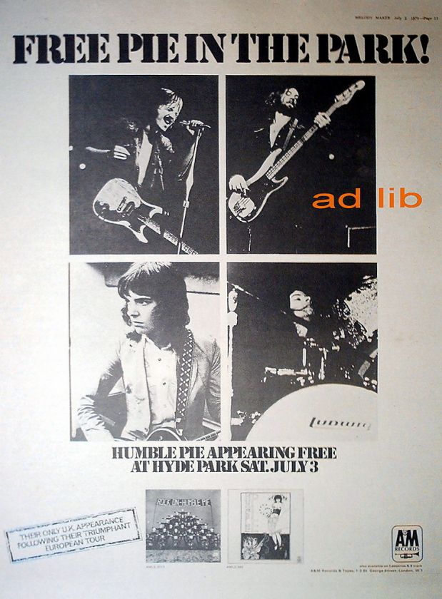 HUMBLE PIE   HYDE PARK JULY 3, POSTER SIZE ADVERT 1971 /AD 