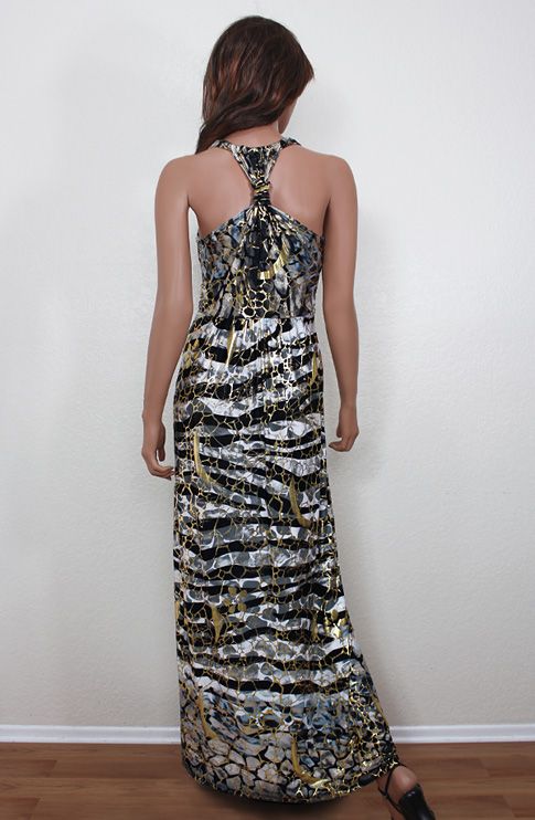 New Maxi Long Black Gold Foil Backless Gown Dress Plus Size Made in 
