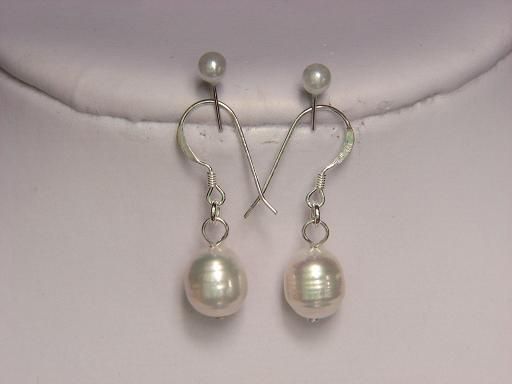 earrings FW White Pearls 9x11mm rice Baroque 925 Dangle  