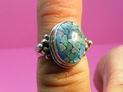 NANAS Vintage Sterling Silver Bead & Opal Inlay Ring Size 6  