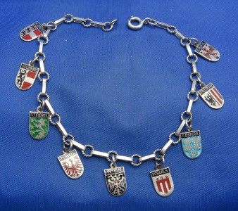 Vintage 800 Silver & Enamel Travel Shield Charm Bracelet (Dot Dash) 9 