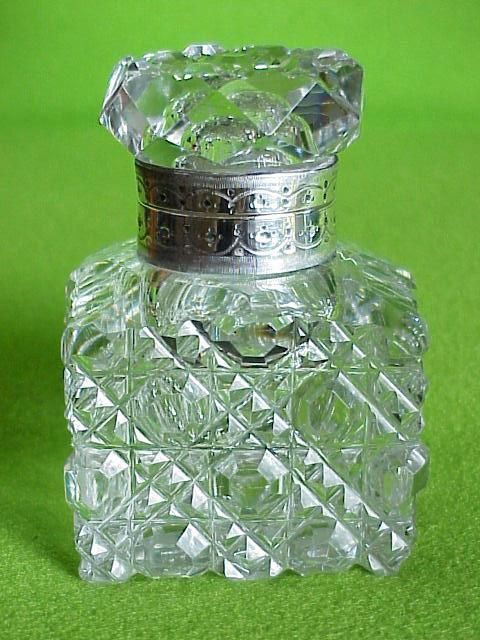 Antique 1885 English Sterling Silver Cut Glass Ink Well  