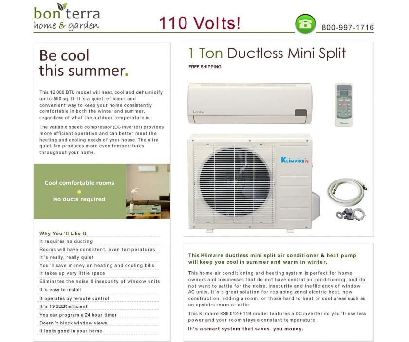 110V Ductless Mini Split Air Conditioner Heat Pump   12000 BTU 1 Ton 