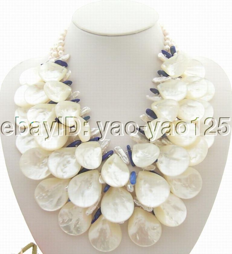 Stunning 3Strds Biwa Pearl&Shell Pearl&Lapis Necklace