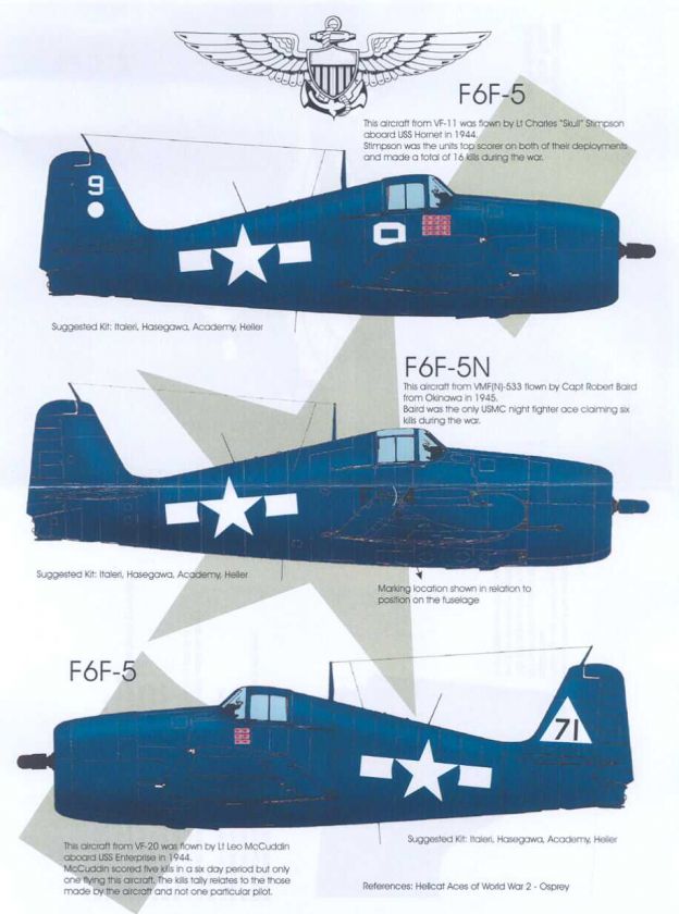 Decals Blackbird 1/72 GRUMMAN F6F HELLCAT ACES  