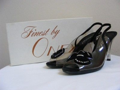   Lucite Heels 7 Clear Plastic Vinyl Black Leather Disco 60s 70s  