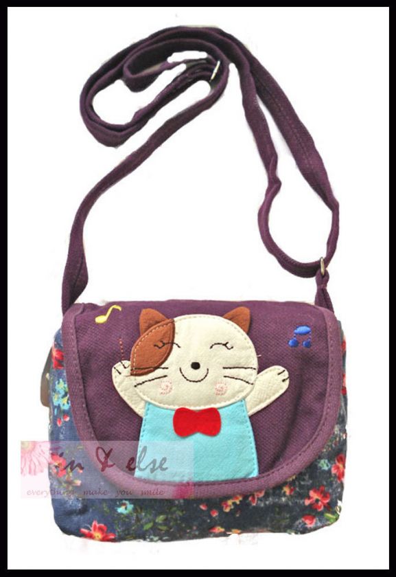 Blue Purple Flower Lucky Cat Cotton Shoulder Bag  