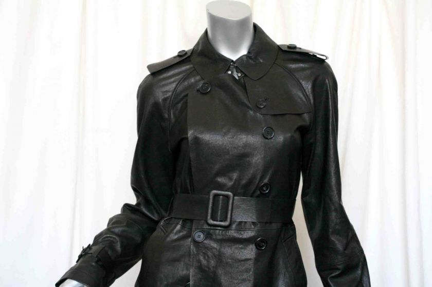 GERARD DAREL Long Soft Black Leather Belted Trench Coat Jacket US 4 