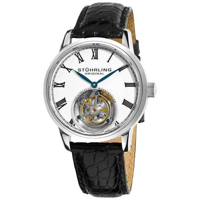 Stuhrling 312 Dominous Tourbillon Mechanical White Dial Black Leather 