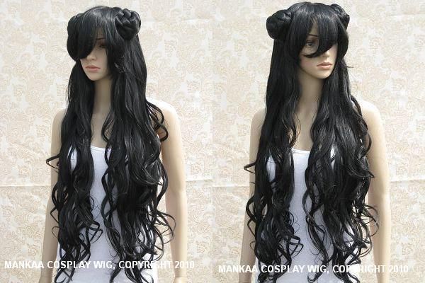 34 long wavy Black 2 buns cosplay hair wig  