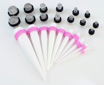 White Ear Taper Kit Expanders Stretchers /Clear Glitter Plug/Purple 