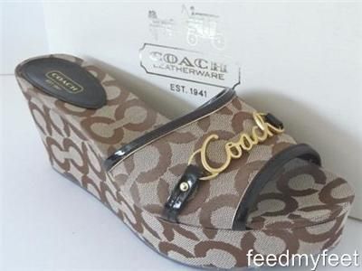 Coach Carissa Brown Khaki Signature Op Art Gold Sandals Wedges Shoes 