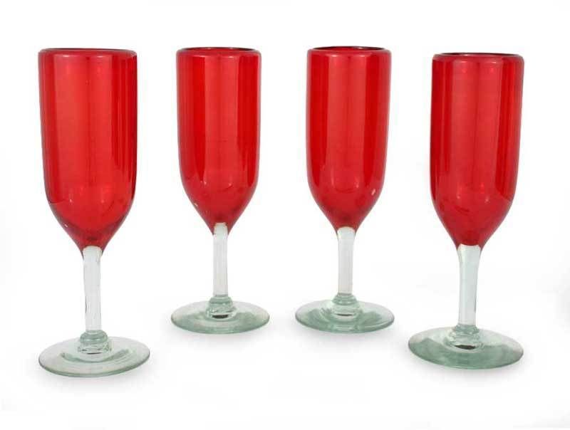 RUBY RED~Mexican Blown Glass ART Champagne Flute Set  