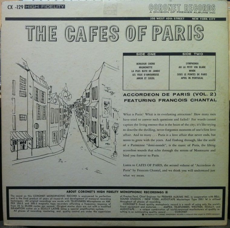 FRANCOIS CHANTAL cafes of paris LP vinyl CX 129 VG+  