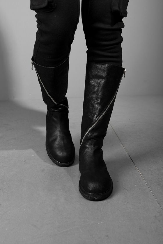 vb HOMME Slanted Zip Leather Knee High Boots 4LJ  