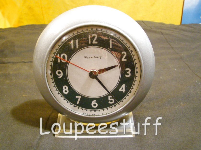 VINTAGE WATERBURY ART DECO MODERN ALARM CLOCK LUCITE BASE C739  