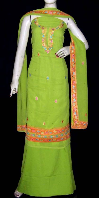 LIME GREEN INDIAN SALWAR KAMEEZ SUIT MATERIAL w RESHAM EMBR NECKLINE 